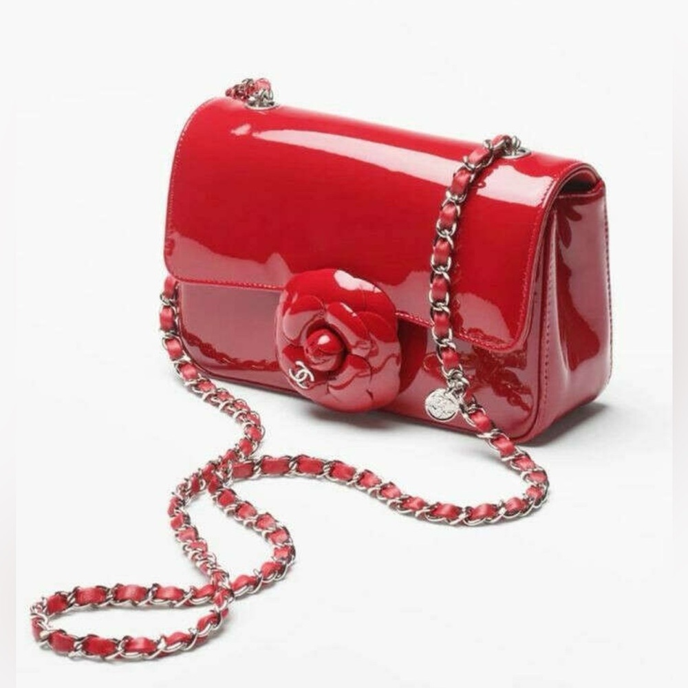 BRAND NEW Patent Calfskin Small Camellia Flap Red